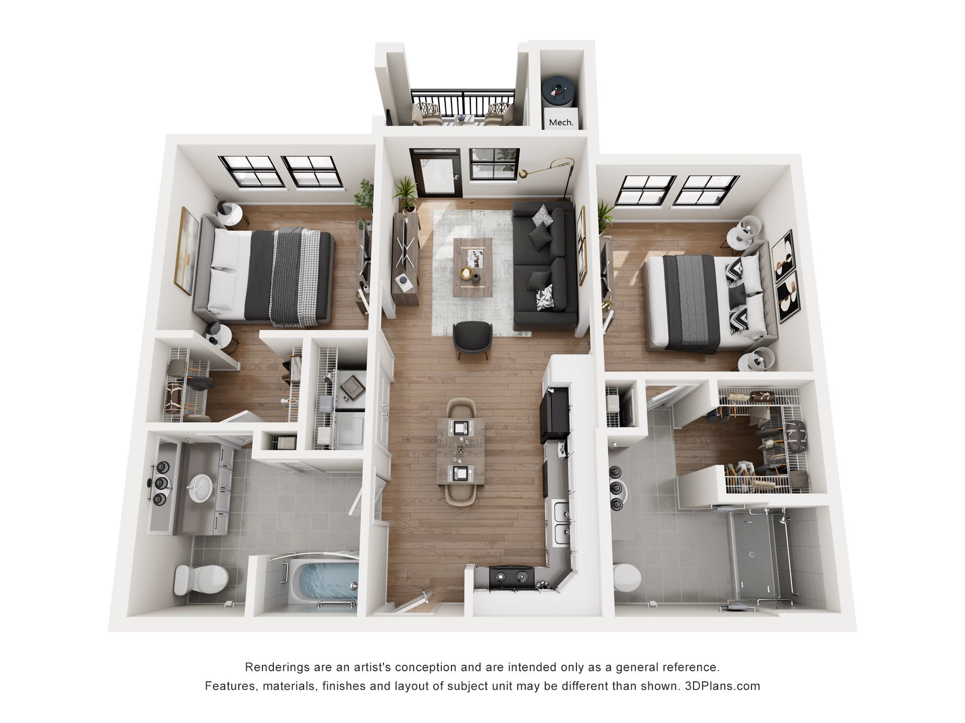 Floor plan for 2 beds, 2 baths, 984 sqft